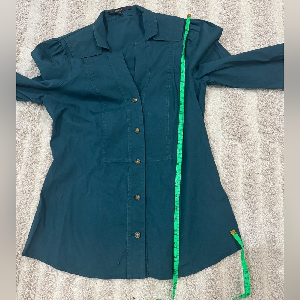 Vintage Gucci teal button up shirt blouse long sleeve top emerald brass work - Picture 7 of 13